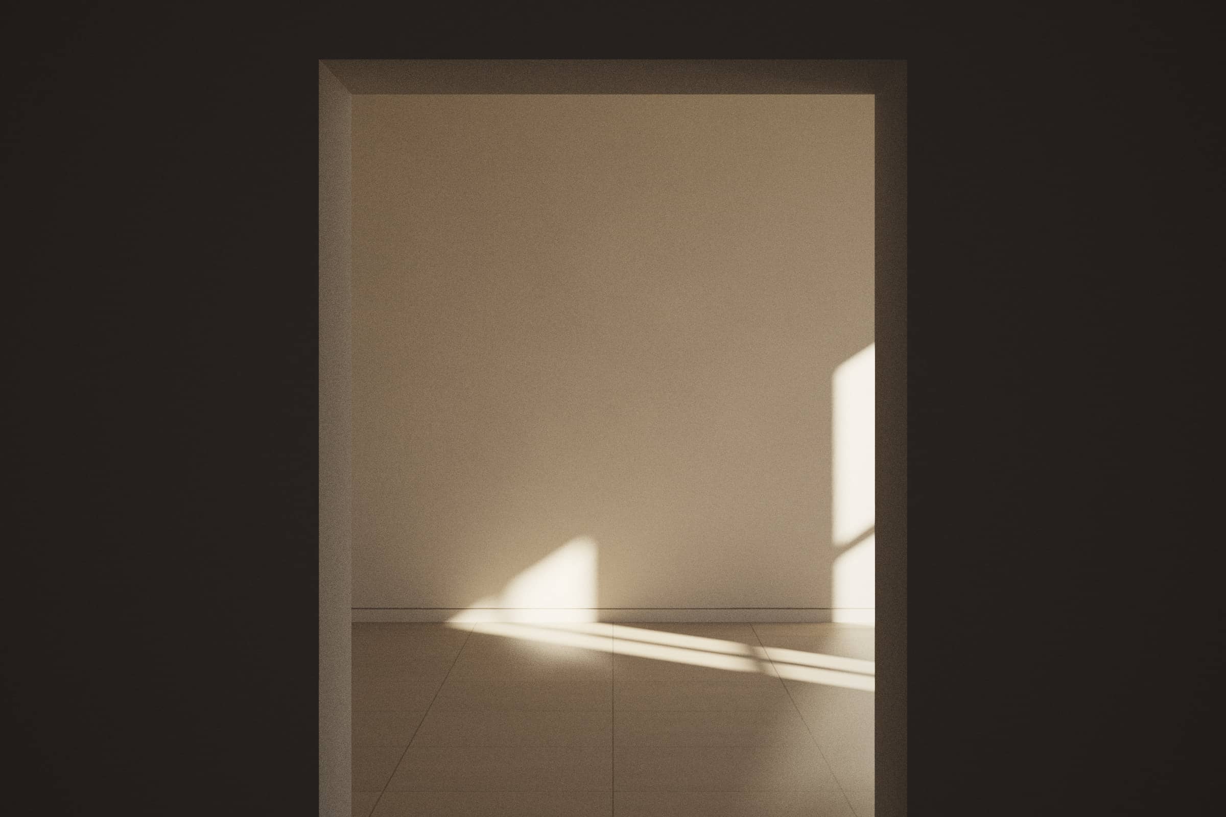 Étude architecturale : un mur épais à la chaux percé d’une porte ; au-delà, une pièce traversée de soleil (visuel conceptuel).