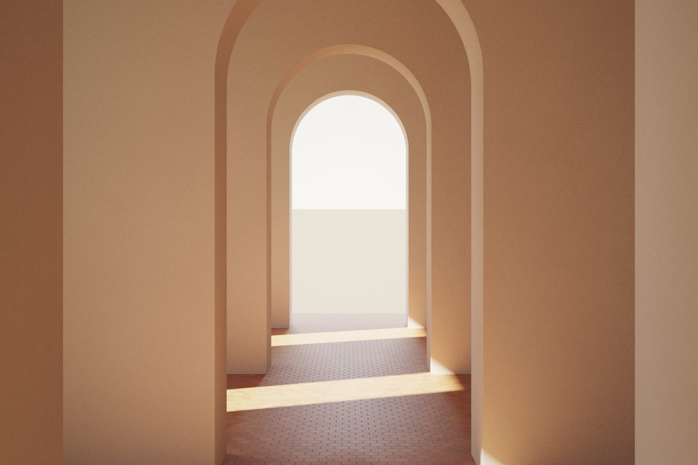 Étude architecturale : enfilade de baies cintrées, sol de tomettes, flaques de soleil (visuel conceptuel).