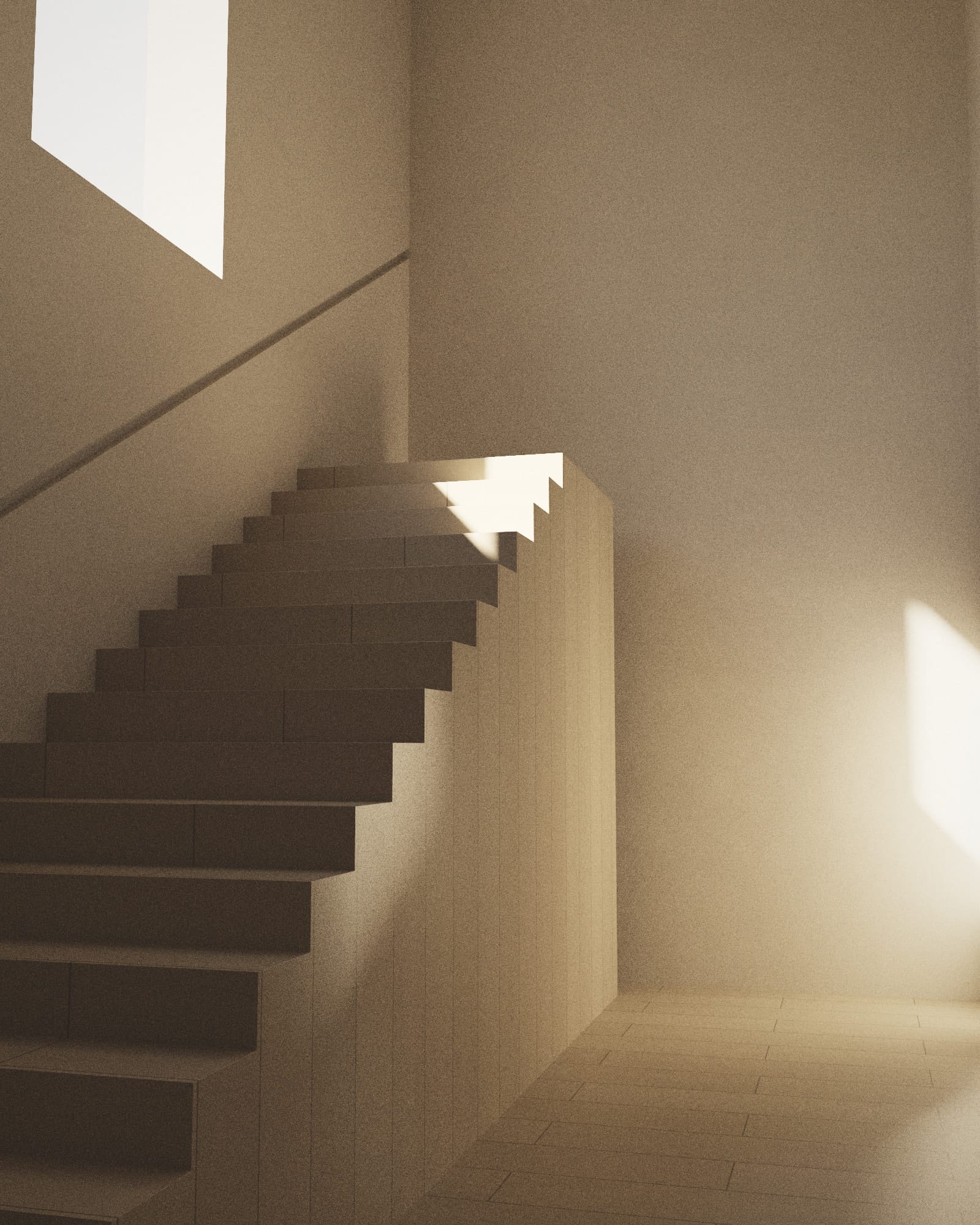 Étude architecturale : volée d’escalier en pierre le long d’un mur à la chaux, lumière d’une fenêtre haute (visuel conceptuel).